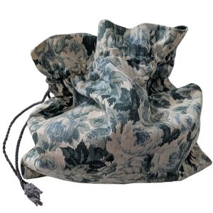 VINTAGE 1940 Floral Fabric Bag Drawstring Makeup Jewelry Sachel Blue Green 9x9